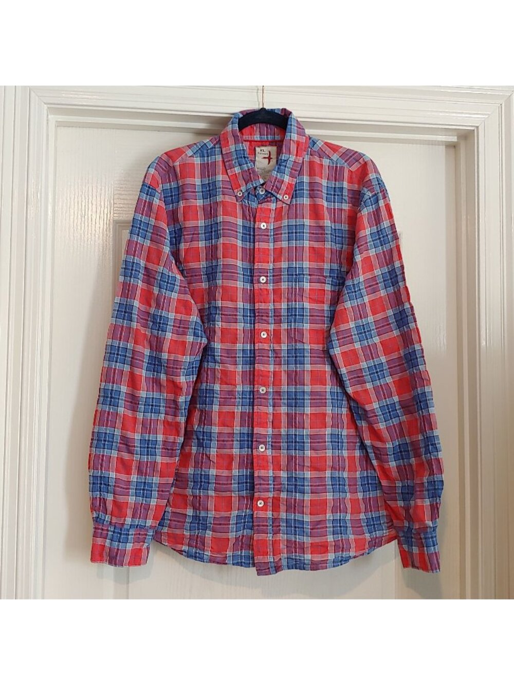 Relwen Lightweight Puckered Cotton Plaid Shirt Mens XL Red Blue Button Dow